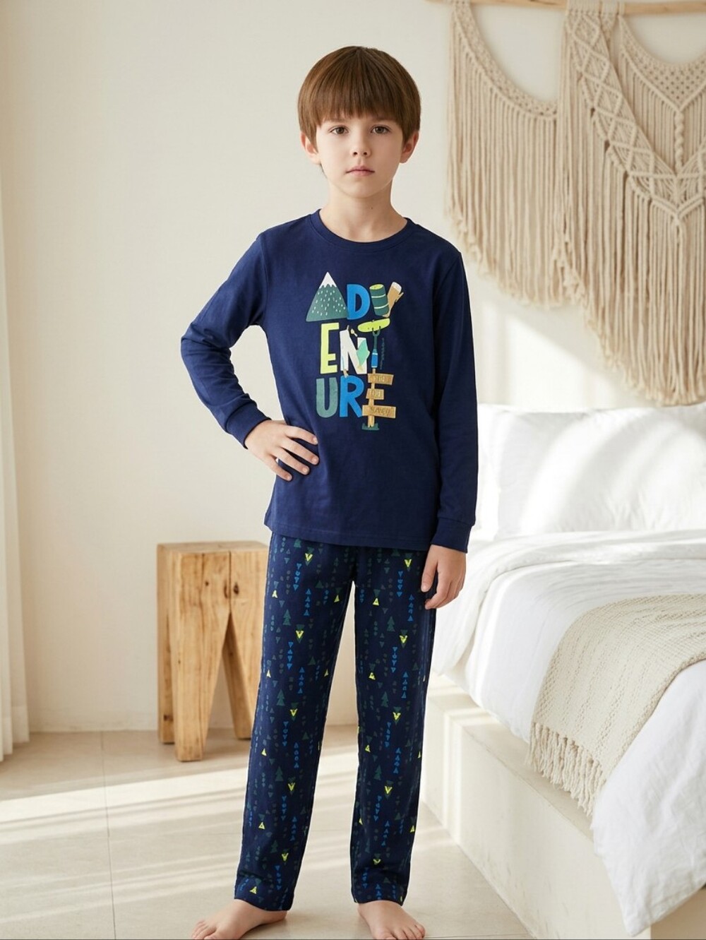 Eddie Bauer Kids Sleep Set Navy Woods Boys Winter Pajamas Knit Top Fleece Bottom